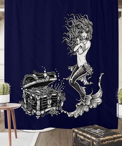 Navy Blue Mermaid Shower Curtain Towels Bath Mat Options