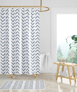 Navy Blue White Mudcloth Print Shower Curtain, Minimalist Bath Curtain, Modern Bathroom Decor