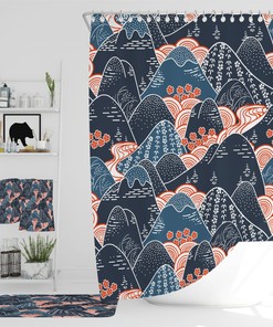 Navy Floral Mountain Shower Curtain Bath Towel Options