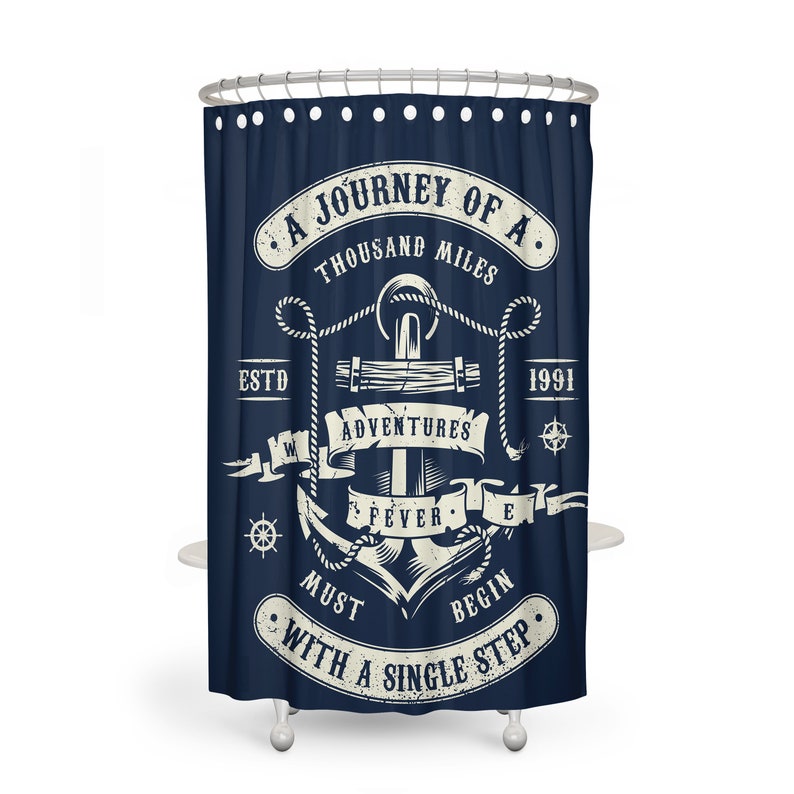 Navy Nautical Adventure Shower Curtain with Optional Bath Towels Bath Mat