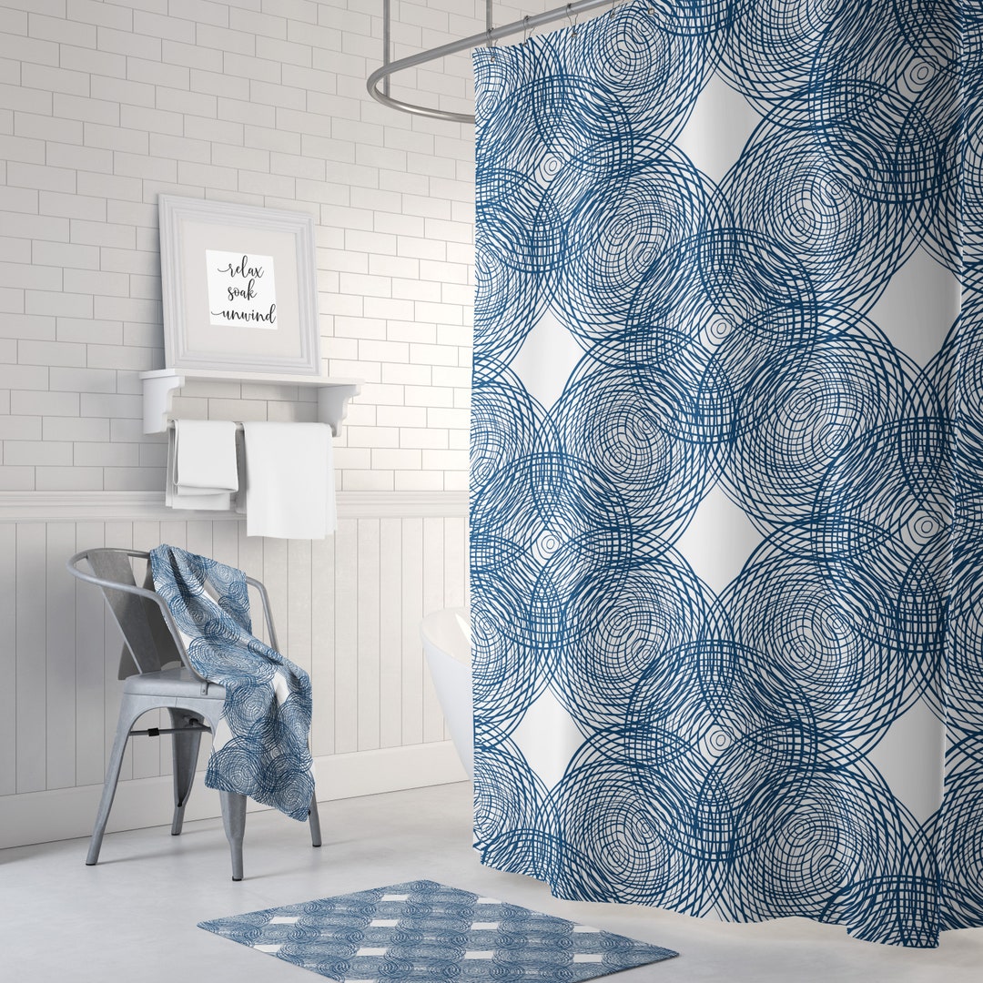 Navy White Shower Curtain, Blue Bathroom Decor