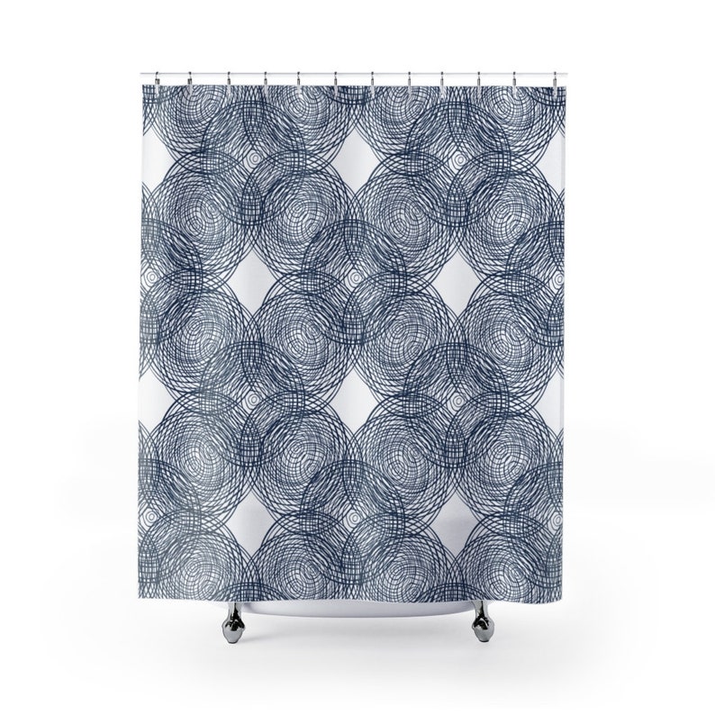Navy White Shower Curtain, Blue Bathroom Decor - Image 2