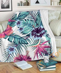 Neon Hibiscus Tropical Pattern Sherpa Fleece Blanket Gifts for Family, for Couple