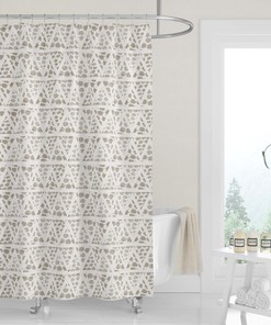Neutral Beige White Geometric Woodblock Triangles Shower Curtain