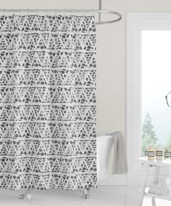 Neutral Gray White Geometric Woodblock Triangles Mudcloth Shower Curtain