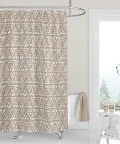 Neutral Tan Beige Ivory Geometric Woodblock Triangles Shower Curtain