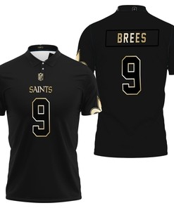 New Orleans Saints 9 Drew Brees Black Golden Edition Mens Jersey Inspired 3D All Over Print Polo Shirt