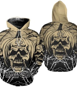 New Orleans Saints Hoodie 3D Halloween Pumpkin Skull Print Zip Hoodie