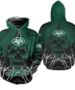 New York Jets Hoodie Halloween Pumpkin Skull Print Zip Hoodie