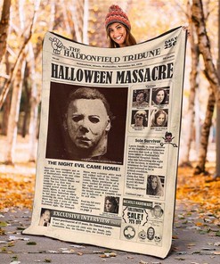Newspaper Style Michael Myers Horror Sherpa Fleece Blanket Gifts for Family, for Couple