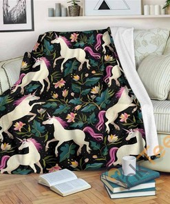 Night Floral Unicorn Pattern Sherpa Fleece Blanket Gifts for Family, for Couple