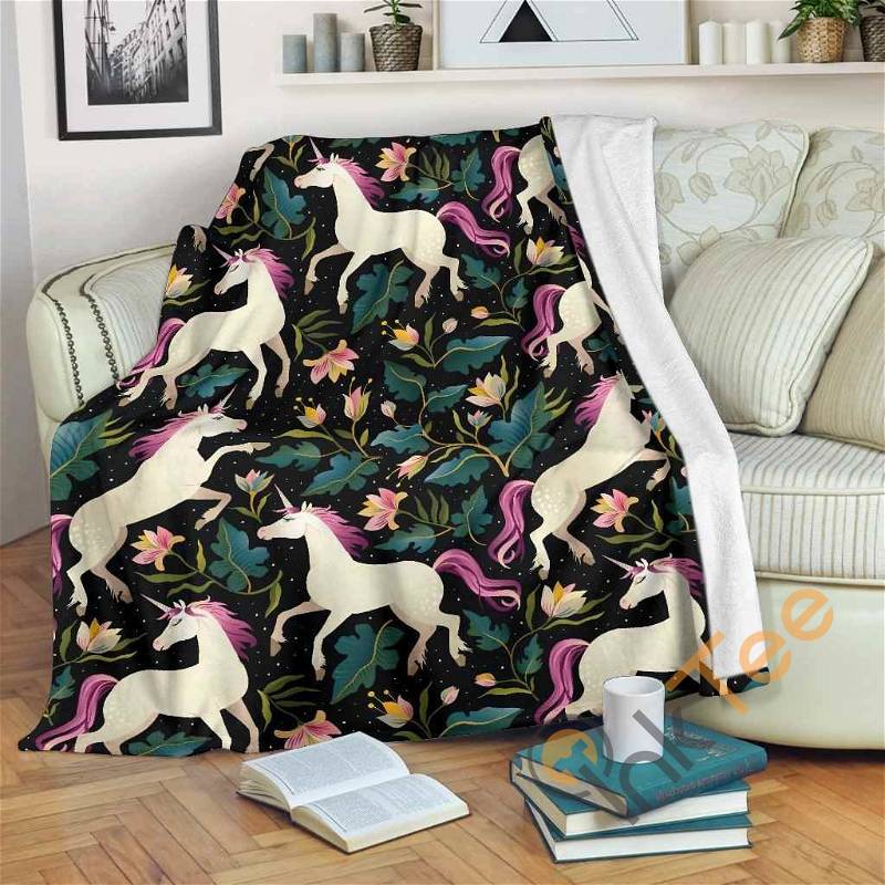 Night Floral Unicorn Pattern Sherpa Fleece Blanket Gifts for Family, for Couple