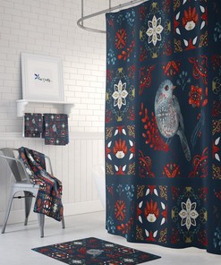 Nordic Quilt Shower Curtain Bird Navy Blue