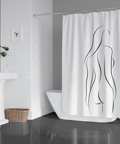 Nude Line Art Woman Shower Curtain, Black And White Body Outline Drawing Bath Tub Curtain, Female Home Decor