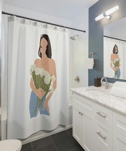Nude Woman with Flowers Abstract Shower Curtain, Boho Chic Shower Curtain, Vintage Print Shower Curtain, Minimal Line Art
