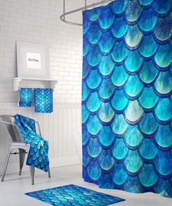 Ocean Blue Mermaid Scales Shower Curtain Optional Bath, Bath Towels Mat Bathroom Set
