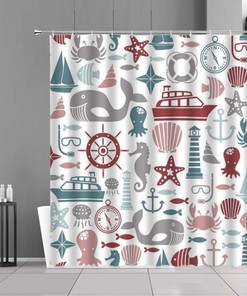 Ocean Marine Life Shower Curtain, Underwater World Whale Seahorse Lighthouse Ship Nautical Bathroom Curtain