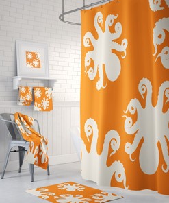 Octopus Shower Curtain, Bathroom Set, Bath Mat, Towels (Optional) Orange
