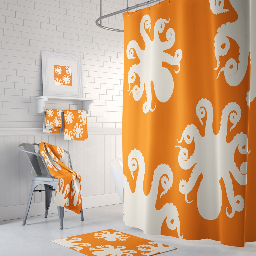 Octopus Shower Curtain, Bathroom Set, Bath Mat, Towels (Optional) Orange