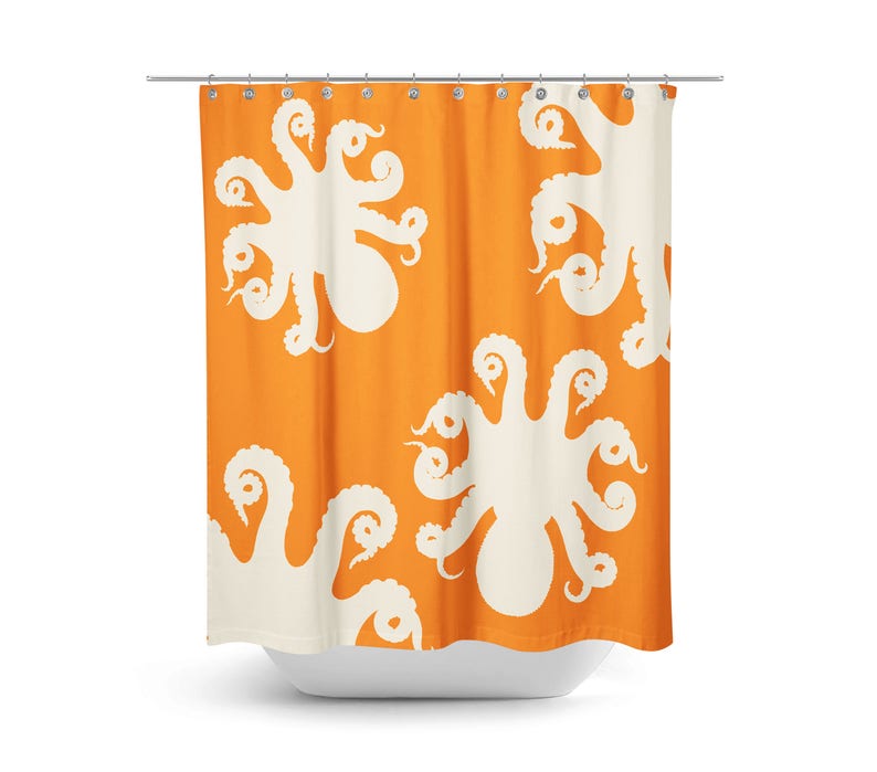Octopus Shower Curtain, Bathroom Set, Bath Mat, Towels (Optional) Orange - Image 2