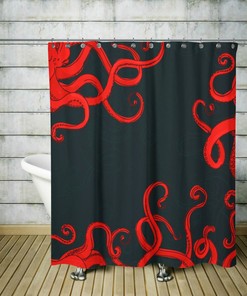 Octopus Shower Curtain Optional Bath Mat Red and Black