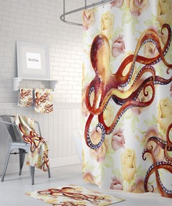 Octopus Shower Curtain, Optional Bath Mat and Towels, Floral Bathroom Decor