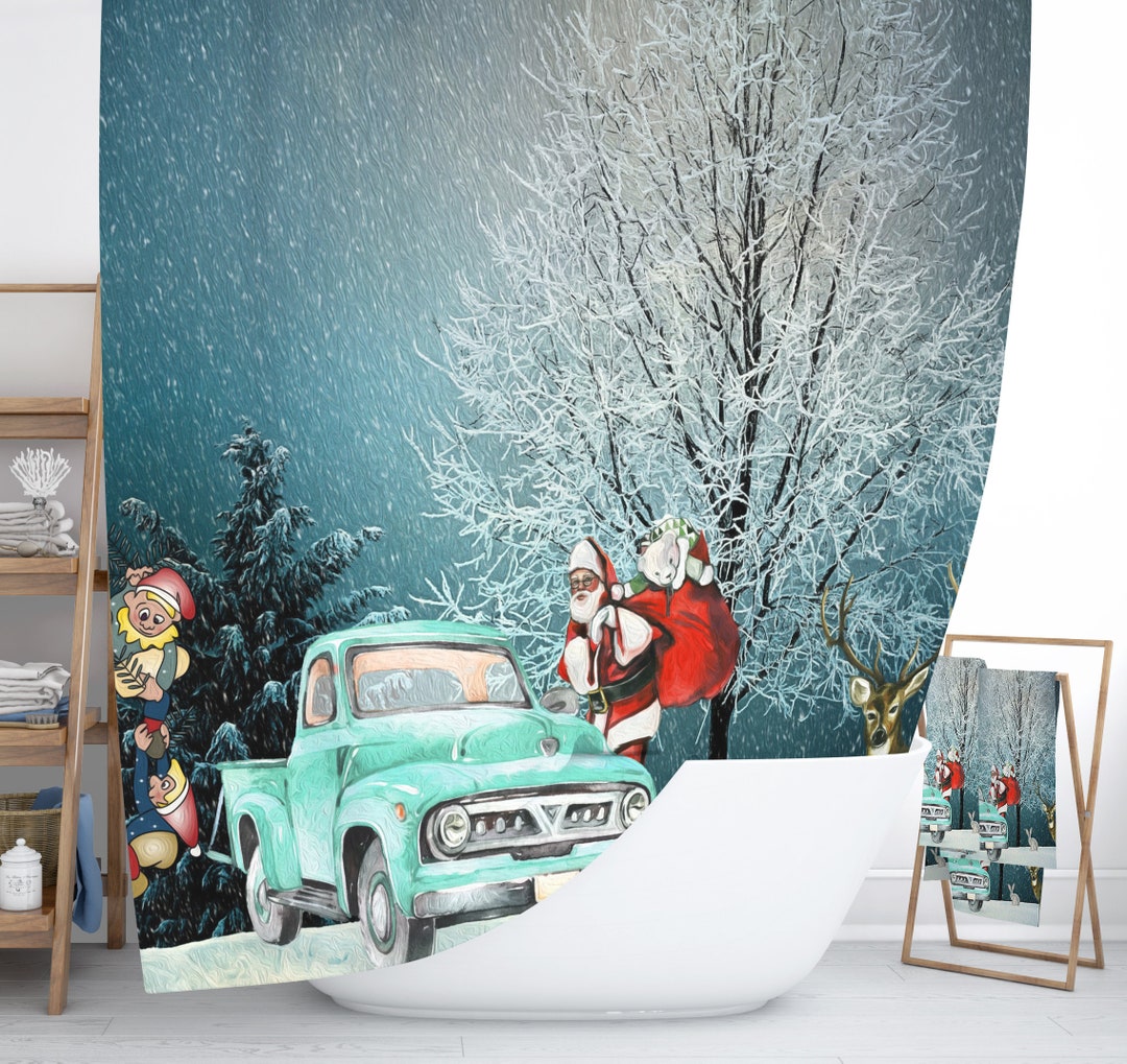 Old Truck Christmas Shower Curtain, Holiday Bathroom Decor