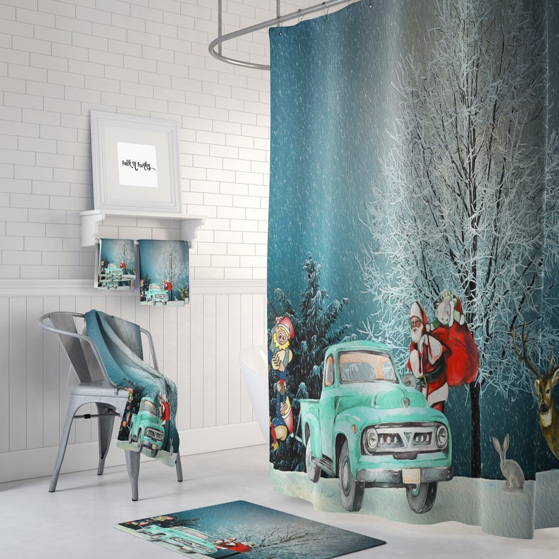 Old Truck Christmas Shower Curtain, Holiday Bathroom Decor - Image 2