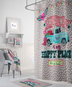 Old Truck Shower Curtain, Retro Junking Fleamarket Theme, Bath Mat Bath Towels