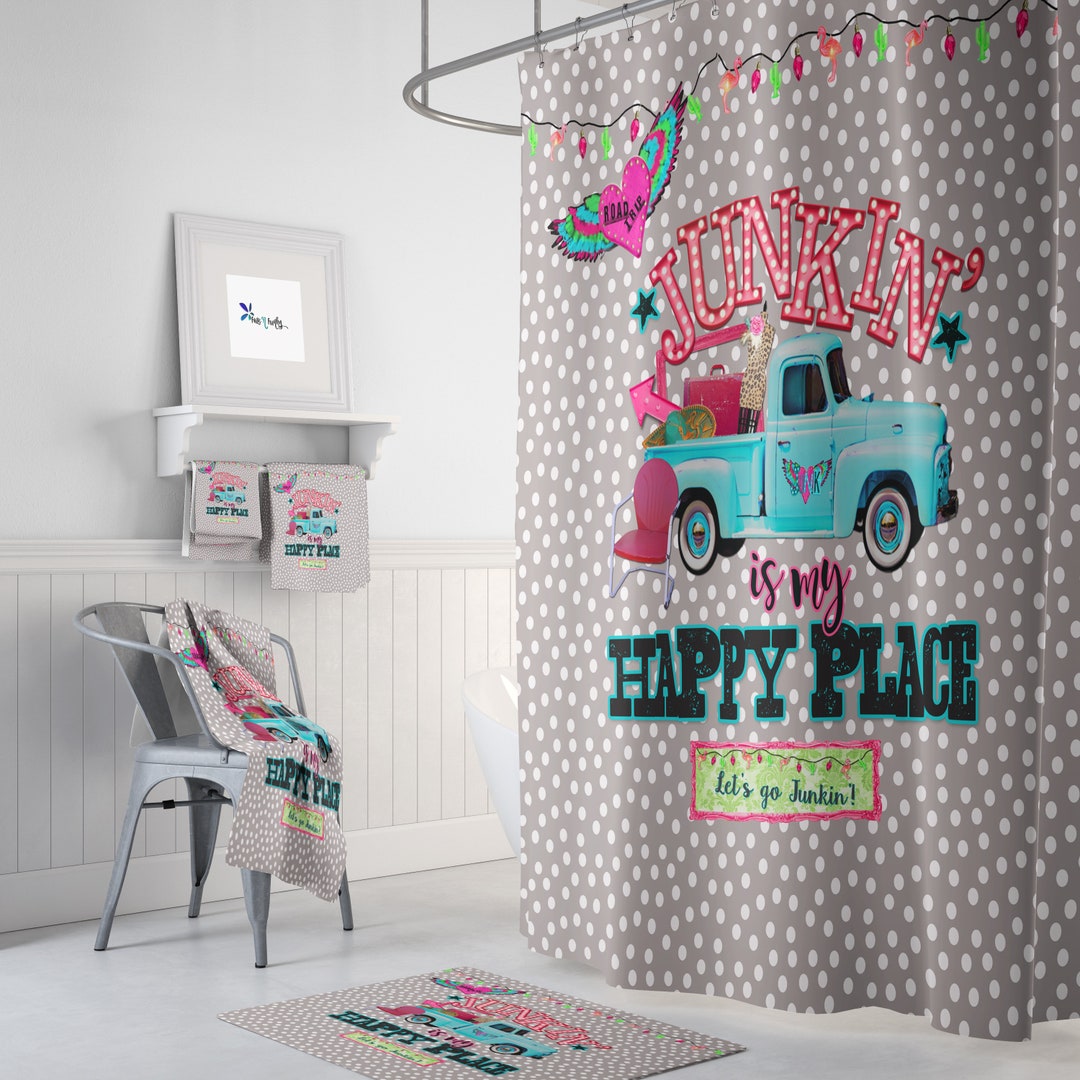 Old Truck Shower Curtain, Retro Junking Fleamarket Theme, Bath Mat Bath Towels