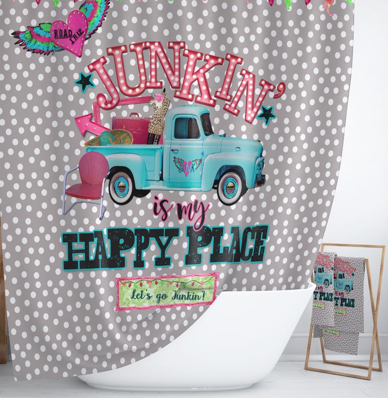 Old Truck Shower Curtain, Retro Junking Fleamarket Theme, Bath Mat Bath Towels - Image 2