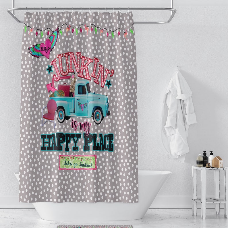 Old Truck Shower Curtain, Retro Junking Fleamarket Theme, Bath Mat Bath Towels - Image 3