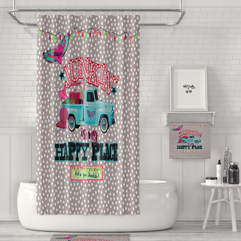 Old Truck Shower Curtain, Retro Junking Fleamarket Theme, Bath Mat Bath Towels - Image 4