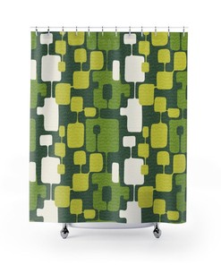 Olive And Emerald Green Abstract Mid Century Modern Shower Curtain for 5 or 6 Retro Atomic Age Bathroom Decor
