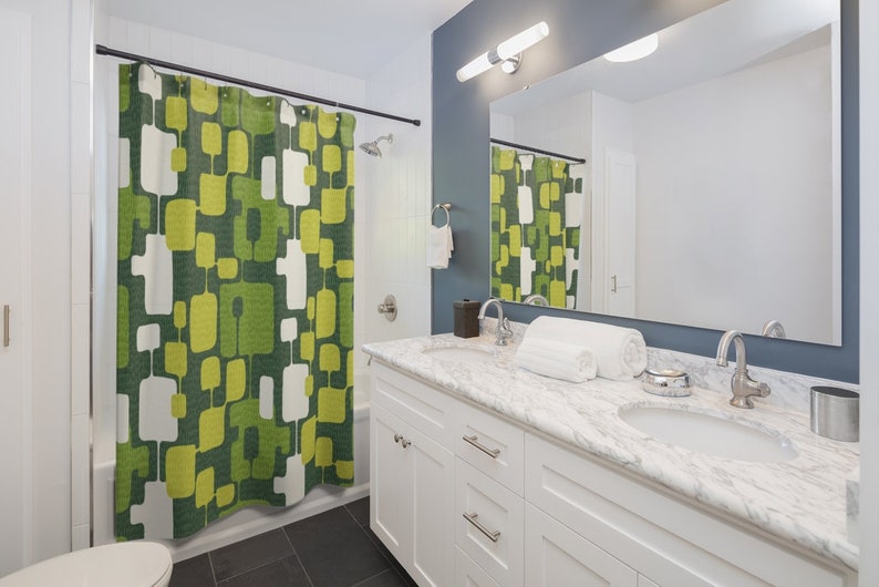Olive And Emerald Green Abstract Mid Century Modern Shower Curtain for 5 or 6 Retro Atomic Age Bathroom Decor - Image 3