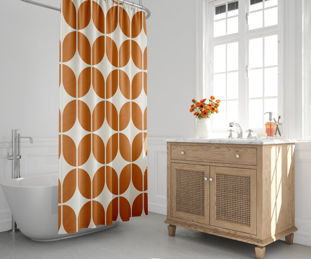 Orange And Beige Mid-Century Modern Shower Curtain, Retro Bath Curtain, Minimalist, 197, Abstract, Geometric, Contemporary, Bath Decor