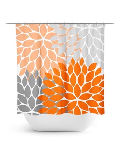 Orange And Gray Shower Curtain, Floral Bath Curtain, Fabric Shower Curtain, Girls Bathroom Decor, Orange Bathroom