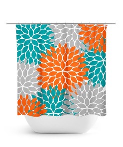 Orange And Teal Floral Shower Curtain, Aqua And Orange Bath Curtain, Teal Bathroom, Girl Bathroom Decor, Fabric Shower Curtain
