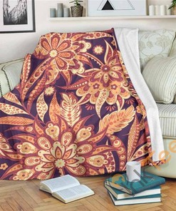 Orange Bohemian Floral Pattern Sherpa Fleece Blanket Gifts for Family, for Couple