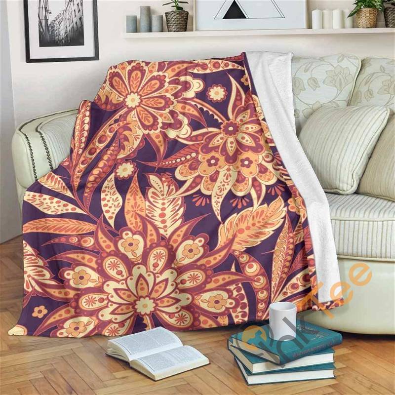 Orange Bohemian Floral Pattern Sherpa Fleece Blanket Gifts for Family, for Couple