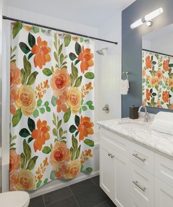 Orange Floral Shower Curtain, Floral Shower Curtain, Cute Shower Curtain, Nature Shower Curtain, Vintage Shower Curtain, Plant Lover Gift