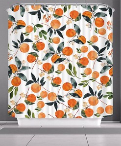 Orange Fruit Shower Curtain, Summer Lemonade Orchard Green Leaves Watercolor Bath Decor, House Warming Gift