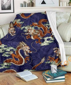 Orange Japanese Dragon Pattern Sherpa Fleece Blanket Gifts for Family, for Couple