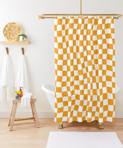 Orange Squares Shower Curtain, Modern Abstract Shower Curtain, Eco-Friendly Material, Waterproof, Abstract Decor, With Hooks Included