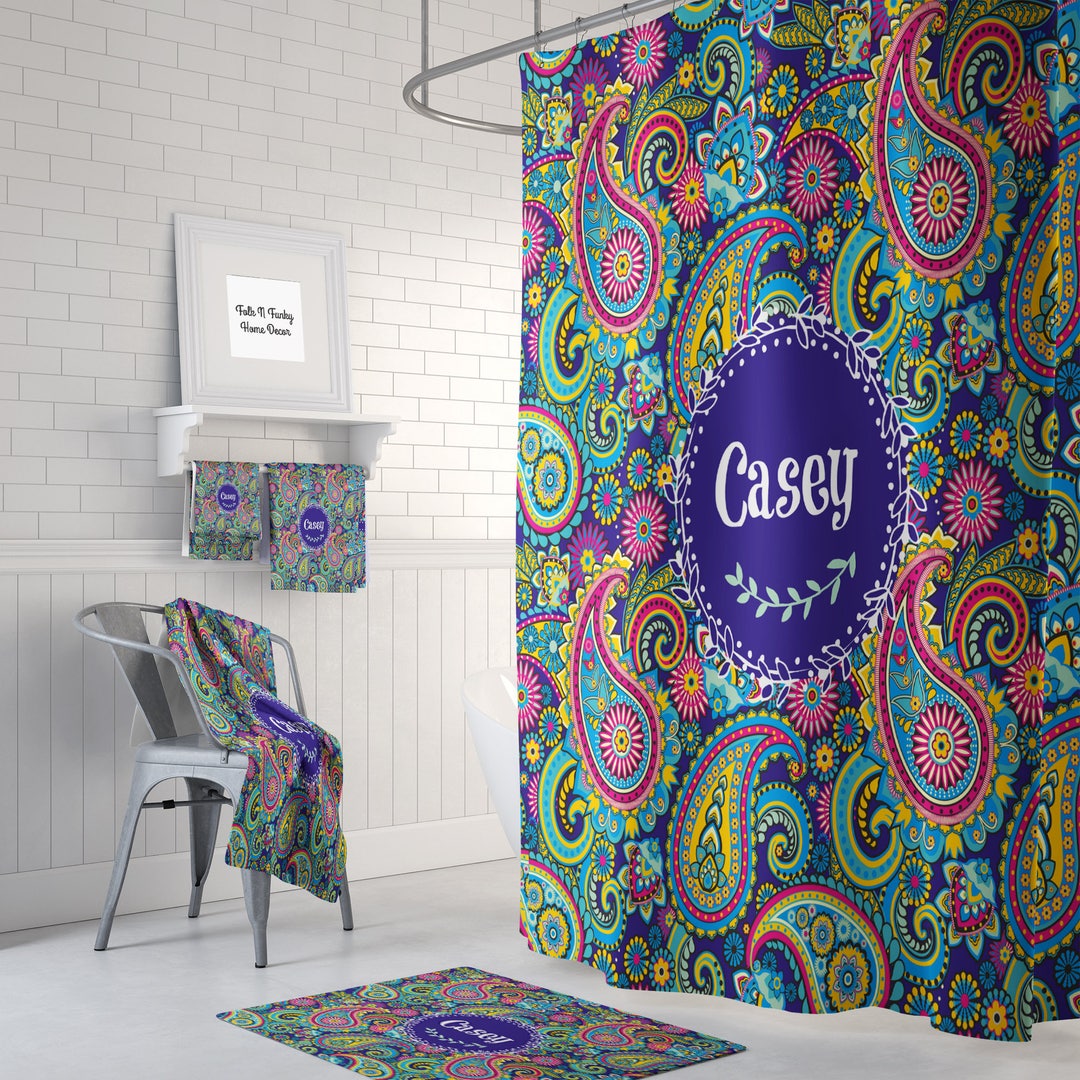 Paisley Monogram Shower Curtain Bath Mat, Towels, Custom Personalized