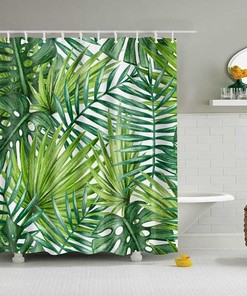 Palm Leaves Shower Curtain, Botanical Tropical Rain Forest Plant Fabric Bathroom Curtain, Home Bath Decor Accessories