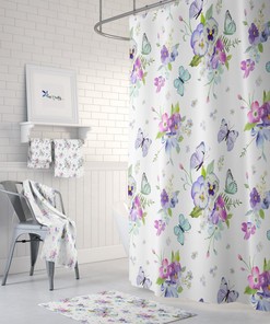 Pansy And Butterfly Floral Shower Curtain, Optional Towels And Bath