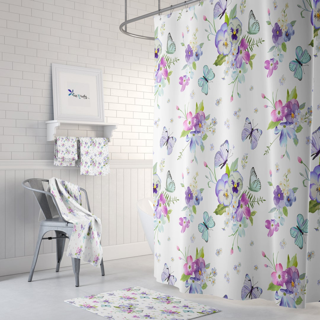 Pansy And Butterfly Floral Shower Curtain, Optional Towels And Bath