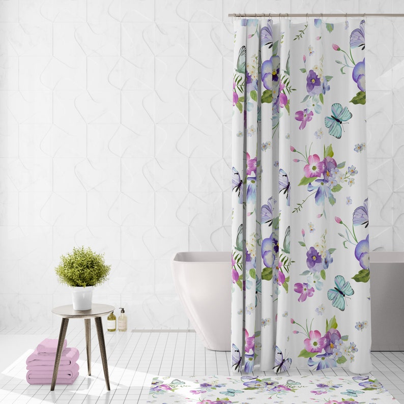 Pansy And Butterfly Floral Shower Curtain, Optional Towels And Bath - Image 2