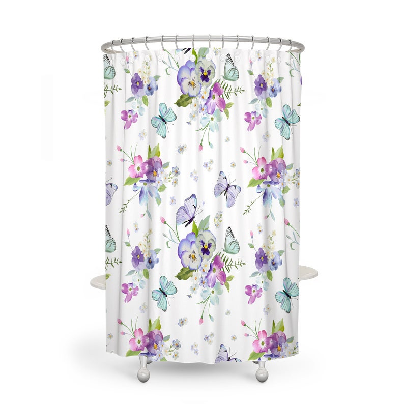 Pansy And Butterfly Floral Shower Curtain, Optional Towels And Bath - Image 3